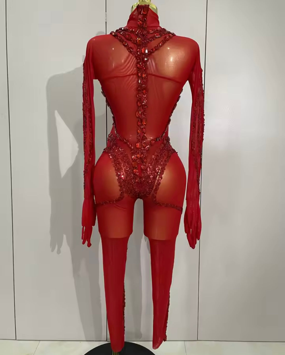 Sexy Beaded Crystal Full Sleeve See Through Jumpsuit