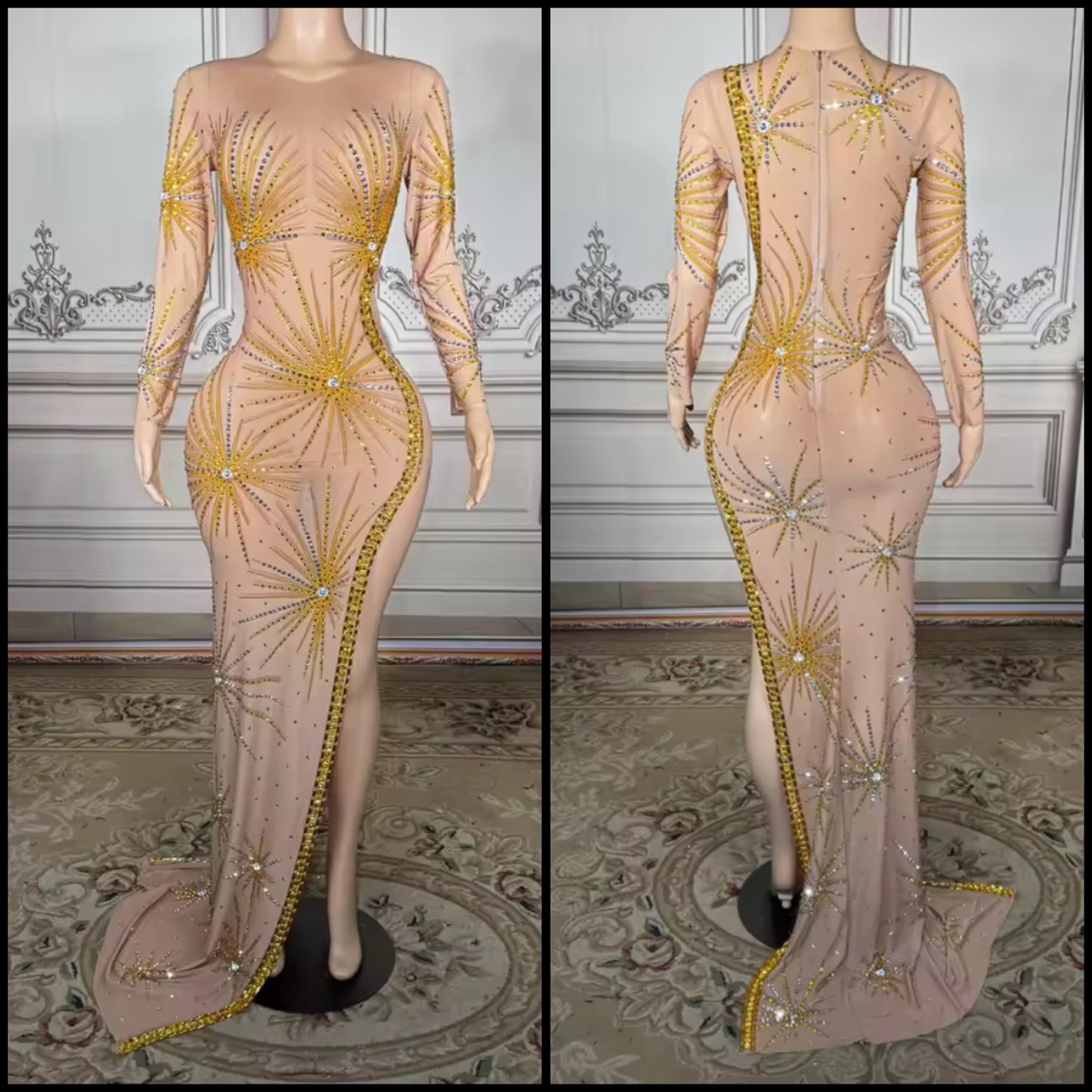 Sexy Rhinestone Embellishment See Through Side Split Maxi Dress