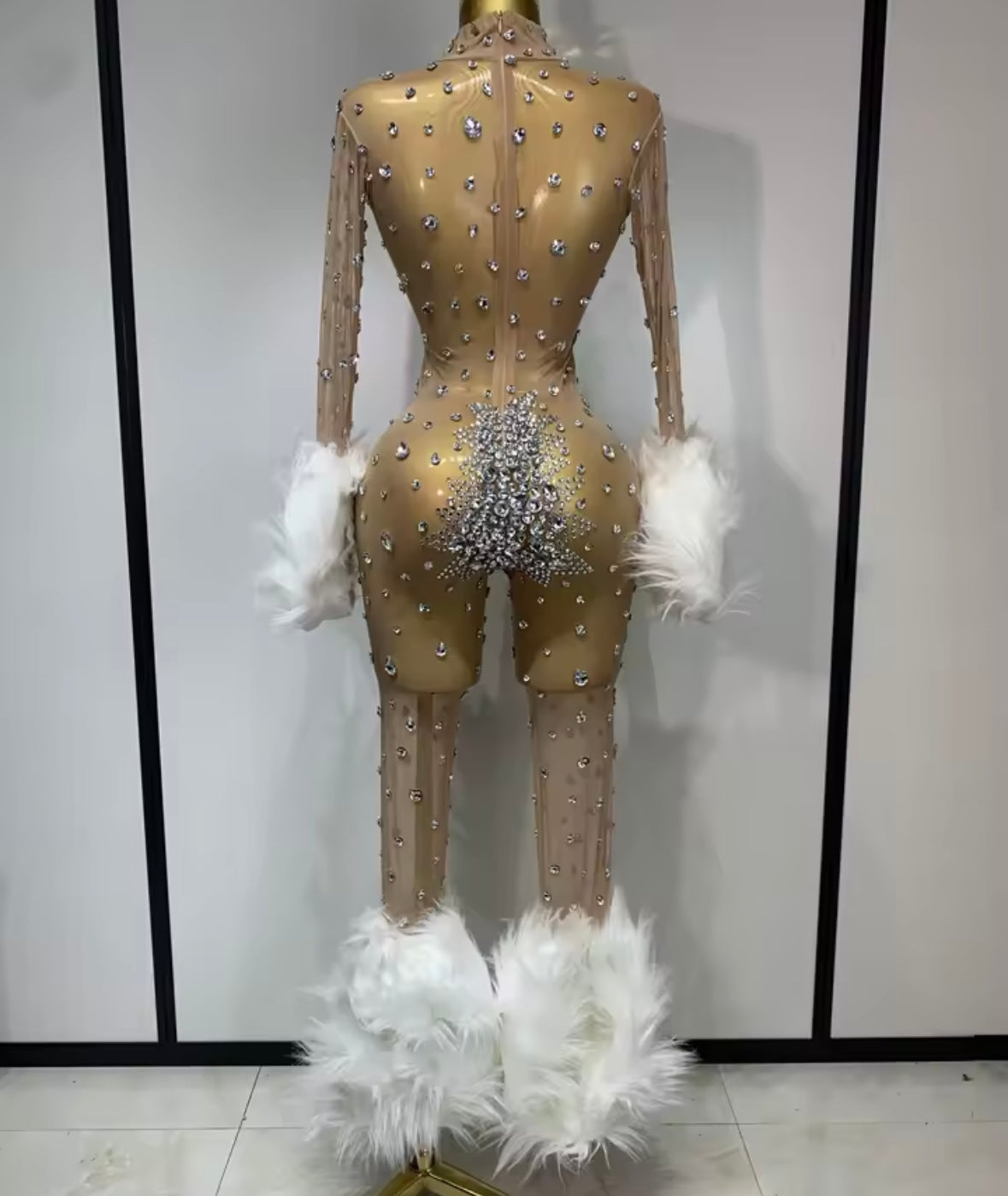 Rhinestone Feather Full Sleeve Sexy Mesh Jumpsuit