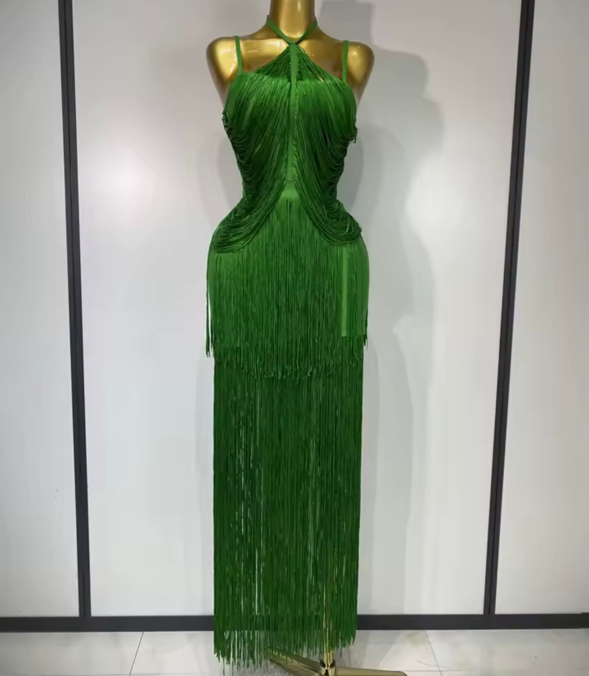 Green Halter Elegant Fringe Tassel Maxi Dress
