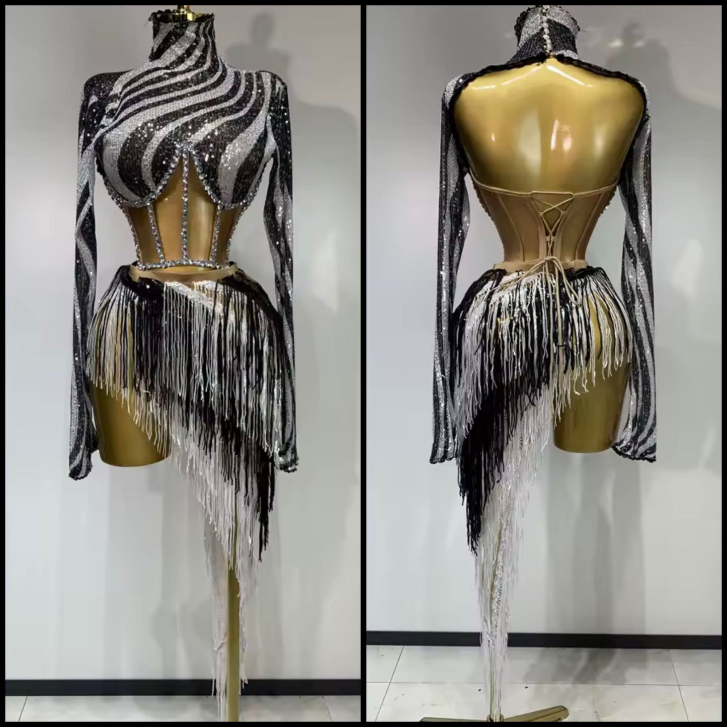 Sexy Striped Rhinestone Full Sleeve Fringe Tassel Skirt Set