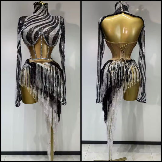 Sexy Striped Rhinestone Full Sleeve Fringe Tassel Skirt Set