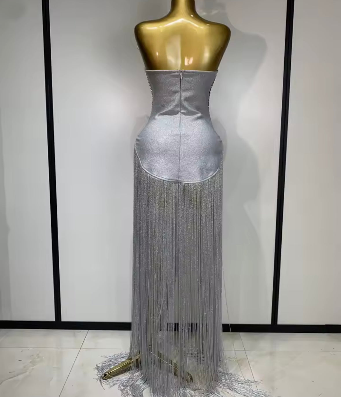 Sexy Silver Strapless Rhinestone Fringe Tassel Maxi Dress
