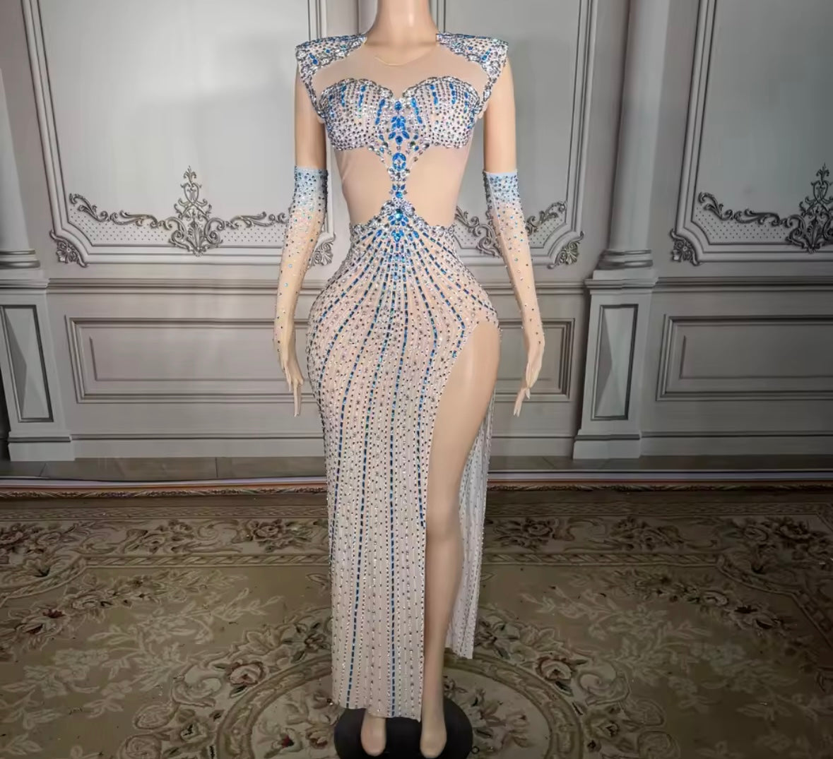 Sexy Color Rhinestone See Through Glove Maxi Dress