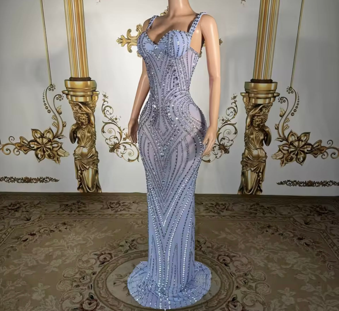 Blue Sexy Sleeveless Rhinestone Embellishment Mermaid Dress