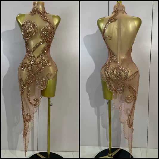 Sexy Sleeveless Rhinestone Sequins Asymmetrical Dress