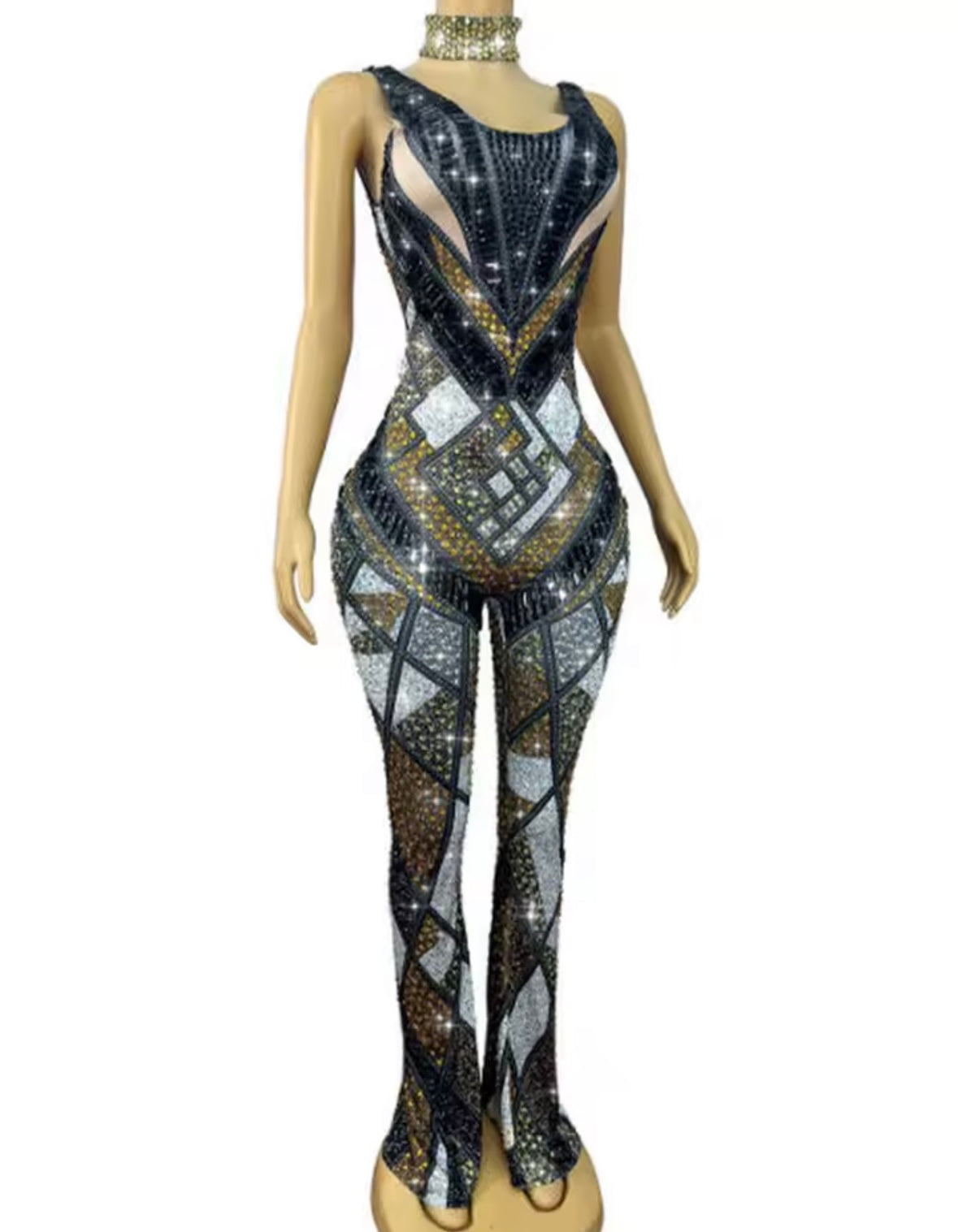 Sexy Choker Sleeveless Color Patchwork Rhinestone Jumpsuit