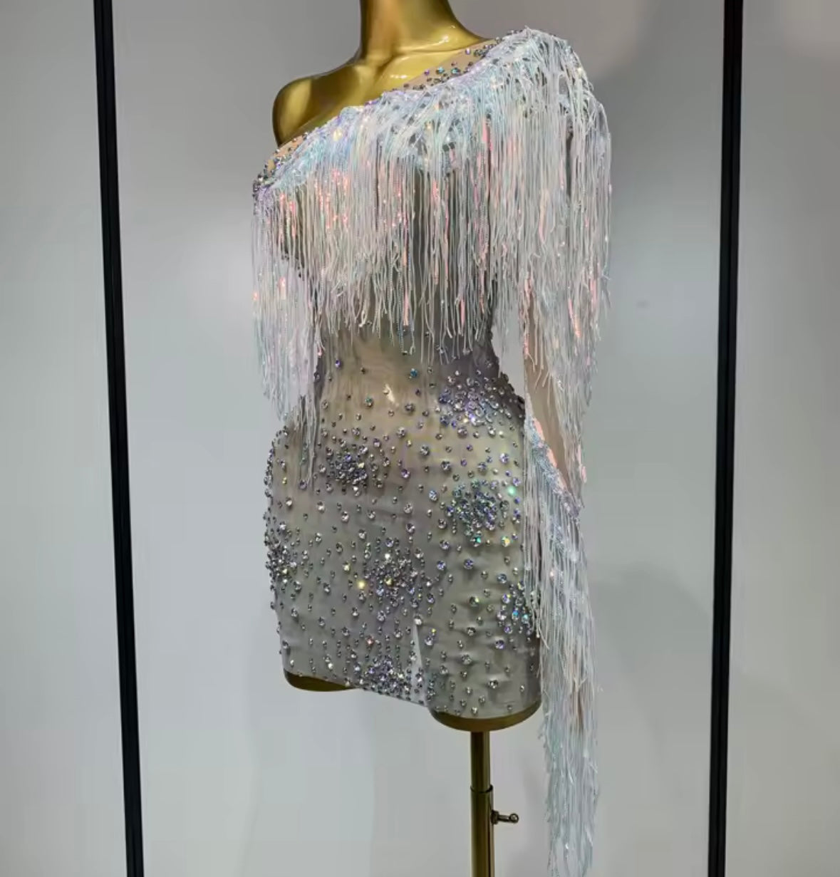 Sexy Silver One Shoulder Fringe Tassel Rhinestone Dress