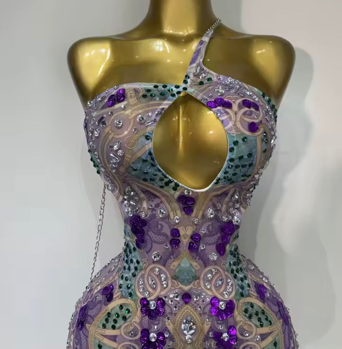 Sexy Sleeveless Color Crystal Open Back Chain Mesh Dress