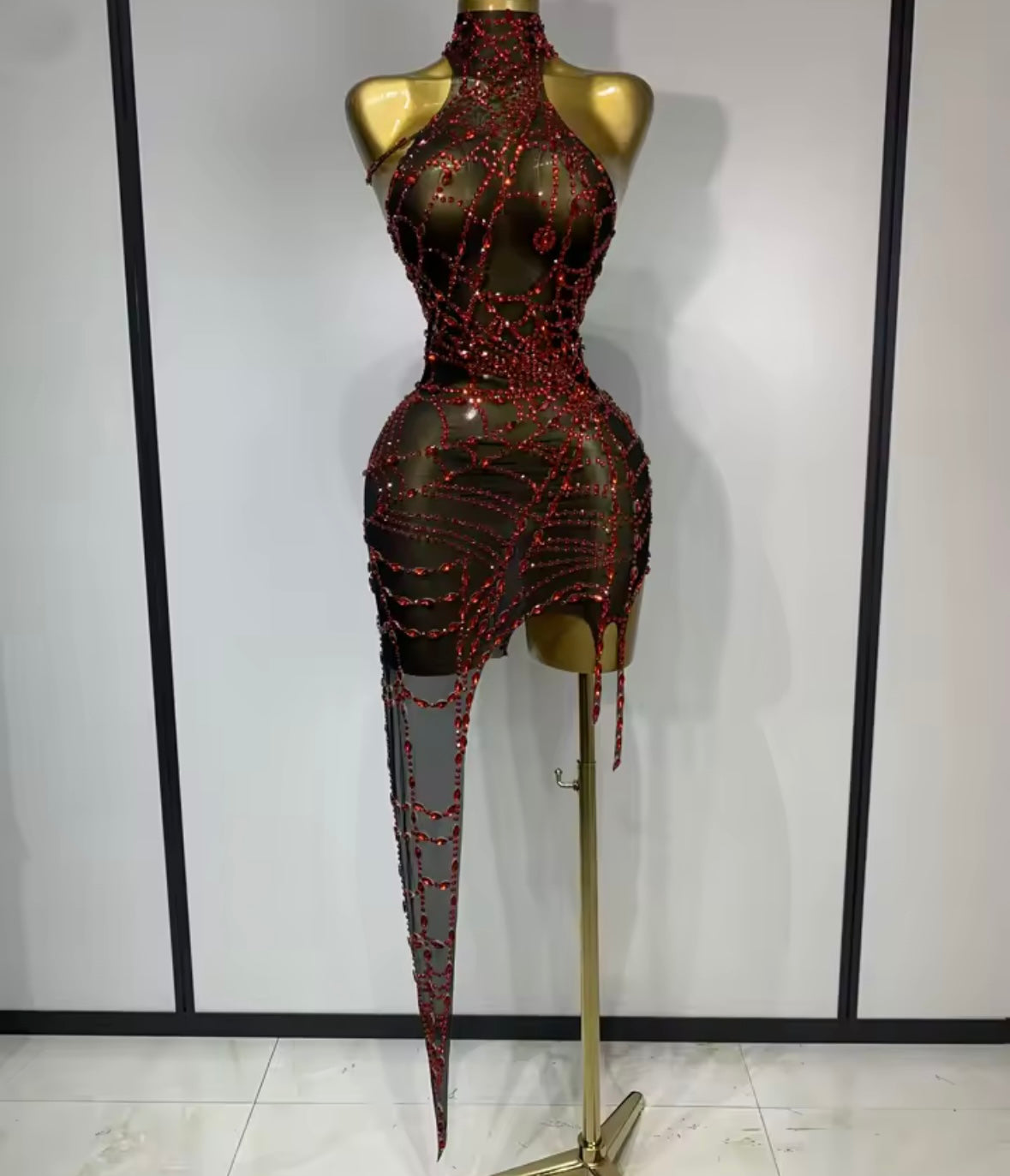 Sexy Rhinestone Mesh Sleeveless Asymmetrical Dress