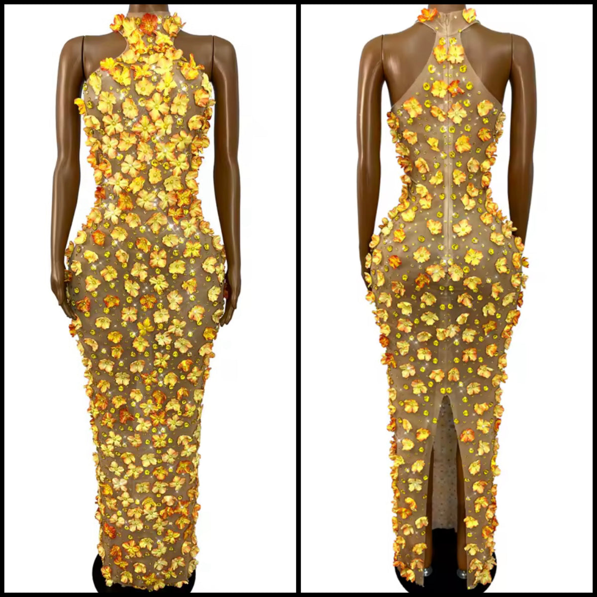 Sexy Sleeveless Floral Rhinestone Maxi Dress