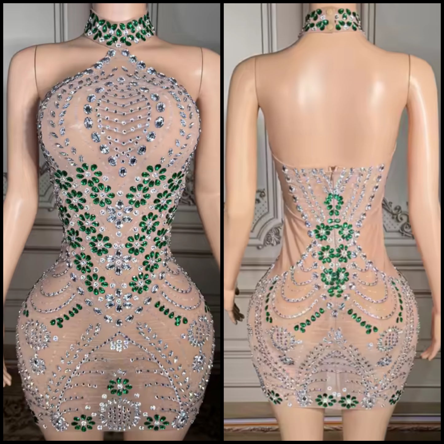 Sexy Halter Sleeveless Rhinestone Embellishment See Through Dress