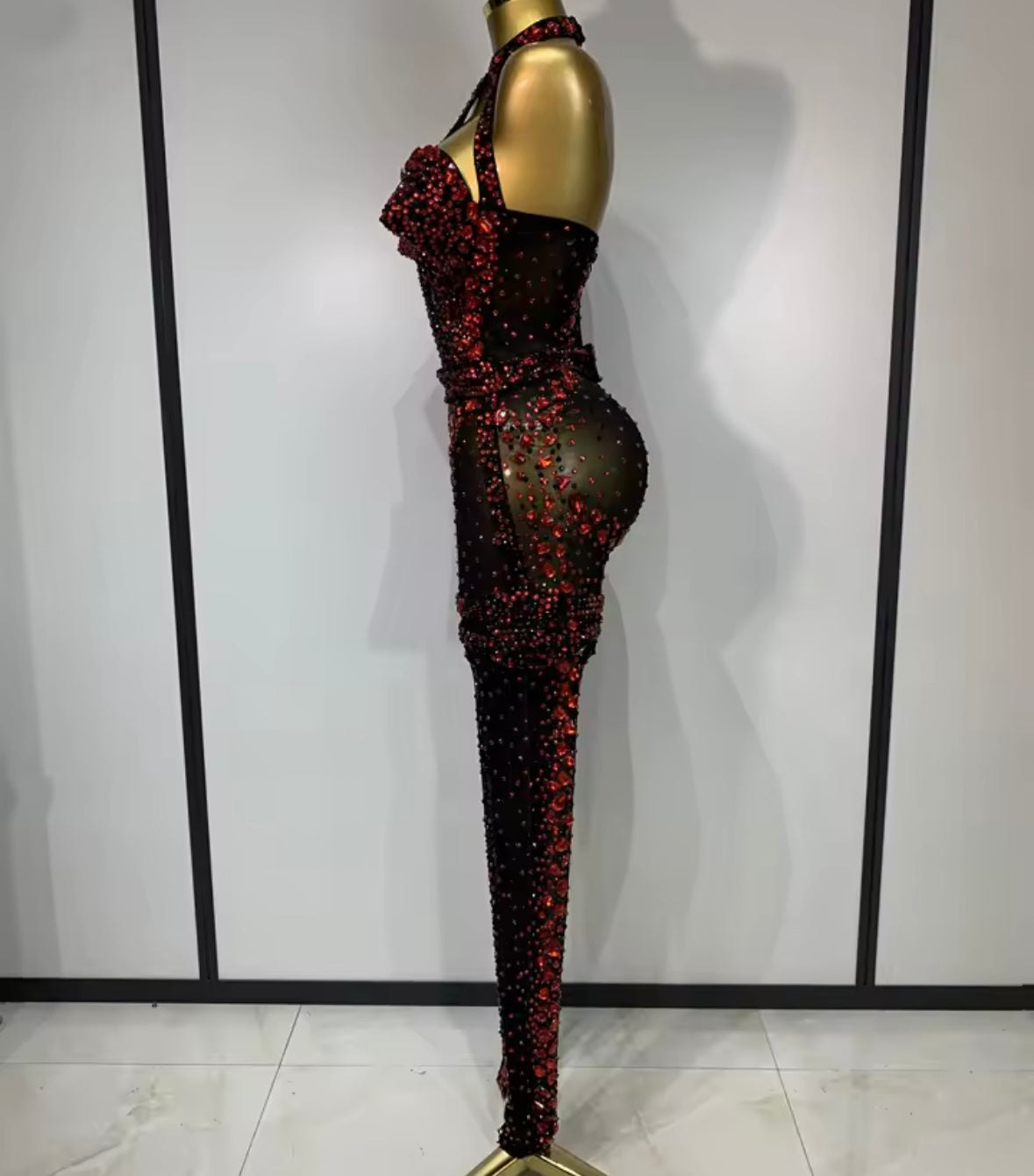 Black Sexy Halter Sleeveless Red Rhinestone See Through Jumpsuit
