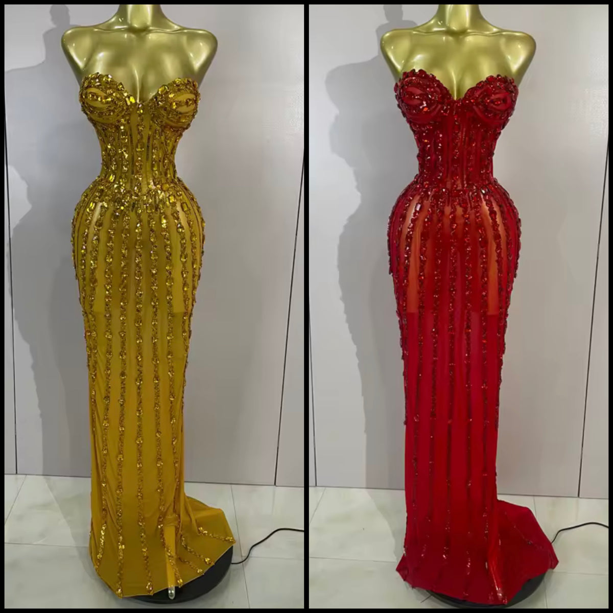 Red Sexy Strapless Crystal See Through Floor-Length Dress