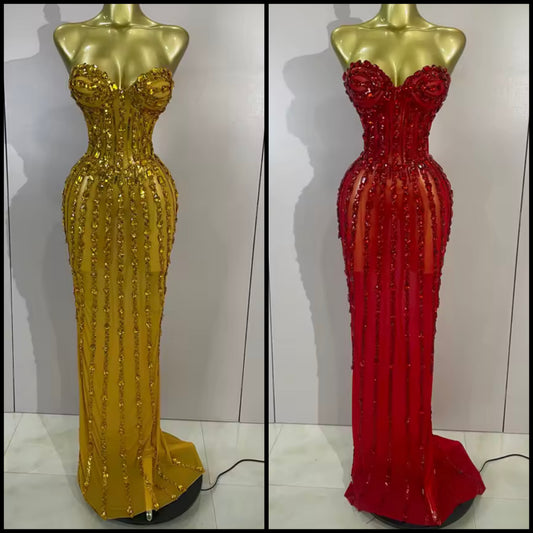 Red Sexy Strapless Crystal See Through Floor-Length Dress