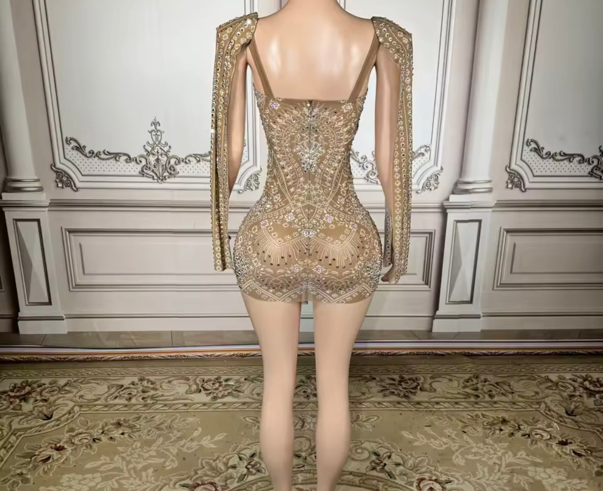 Sexy Printed Rhinestone See Through Short Dress