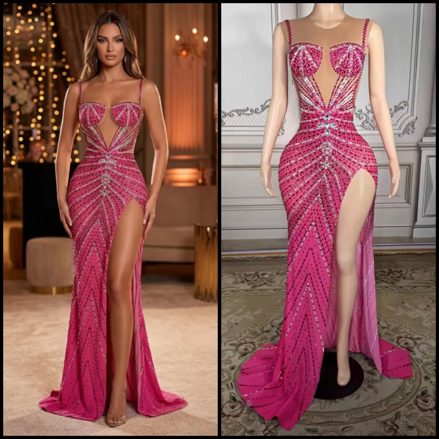 Pink Sexy Sleeveless Rhinestone Embellishment Floor-Length Dress