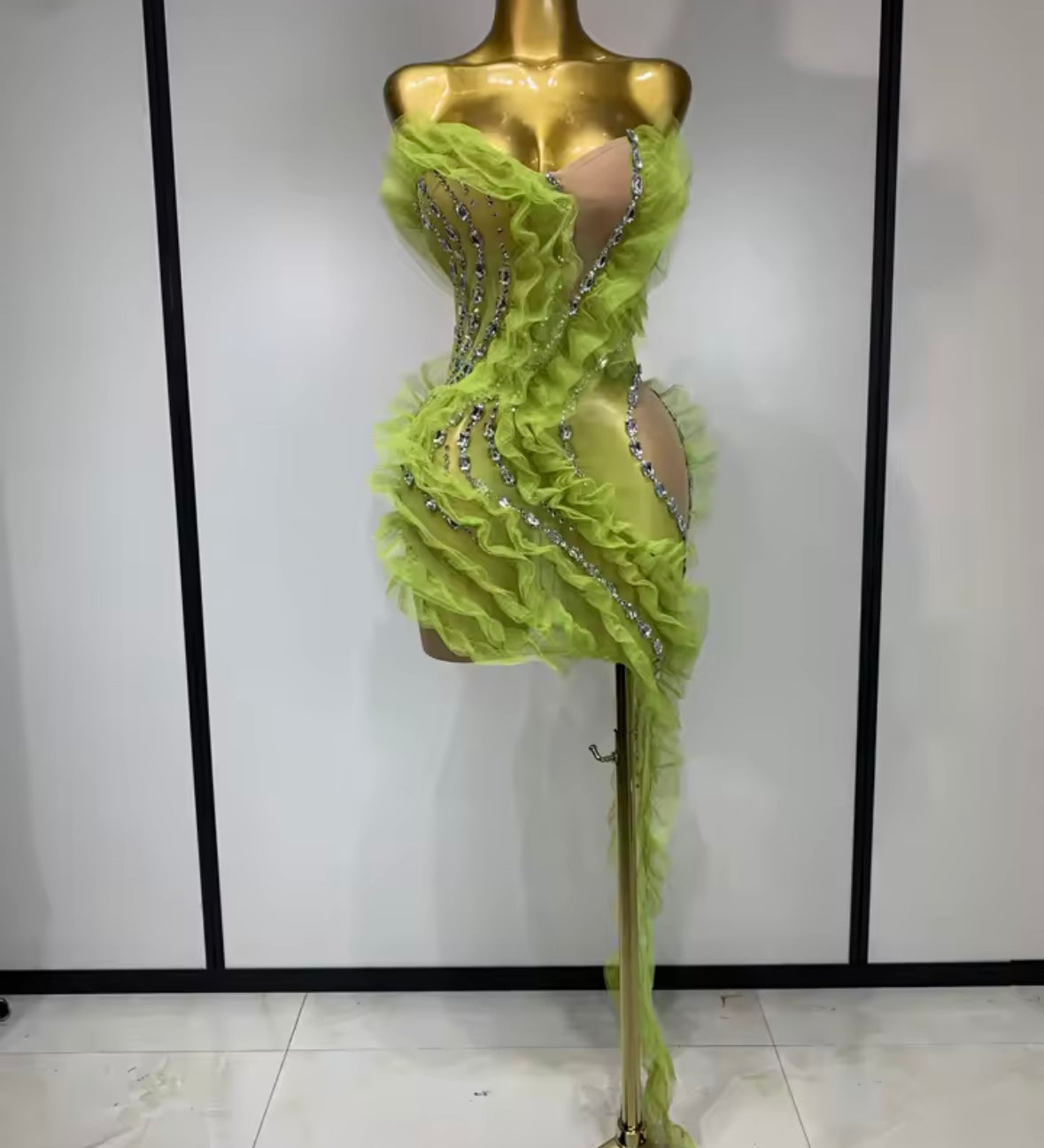 Sexy Green Ruffle Strapless Crystal Dress
