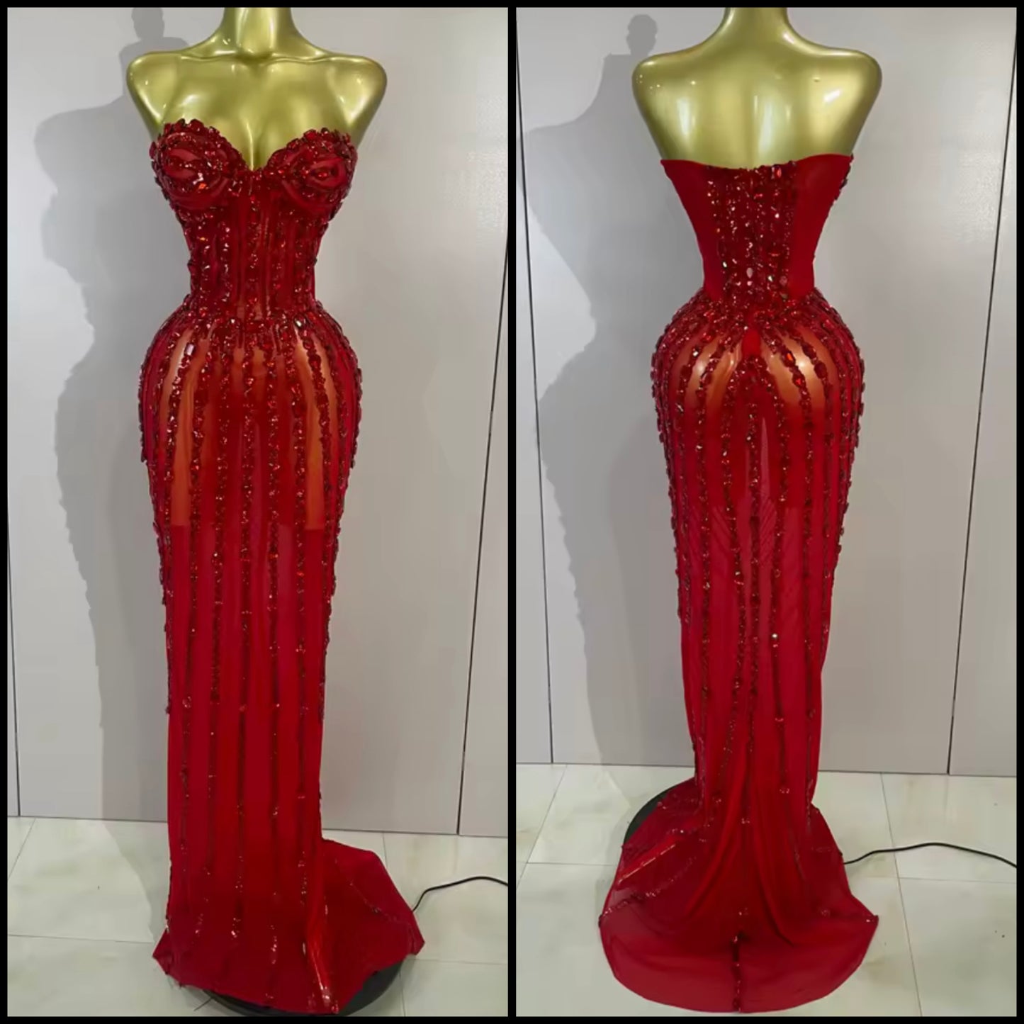 Red Sexy Strapless Crystal See Through Floor-Length Dress