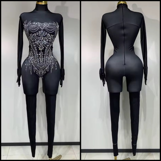 Black Rhinestone Embellishment Sexy Glove Full Sleeve Jumpsuit