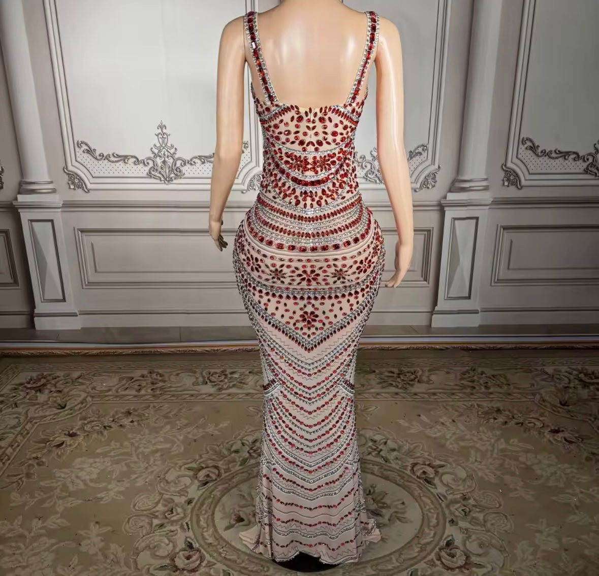 Sexy Sleeveless Red Rhinestone Embellishment Maxi Dress