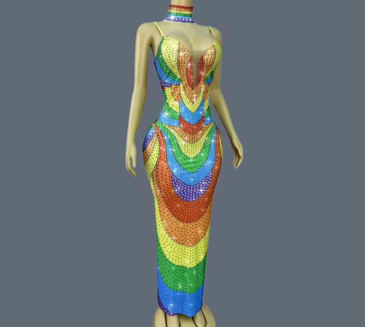 Sexy Choker Sleeveless Colorful Rhinestone Maxi Dress