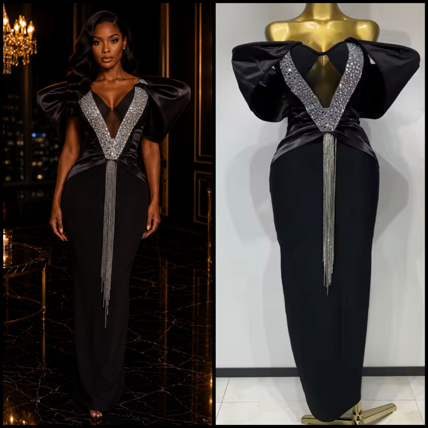 Black Elegant Off The Shoulder Rhinestone Tassel Maxi Dress