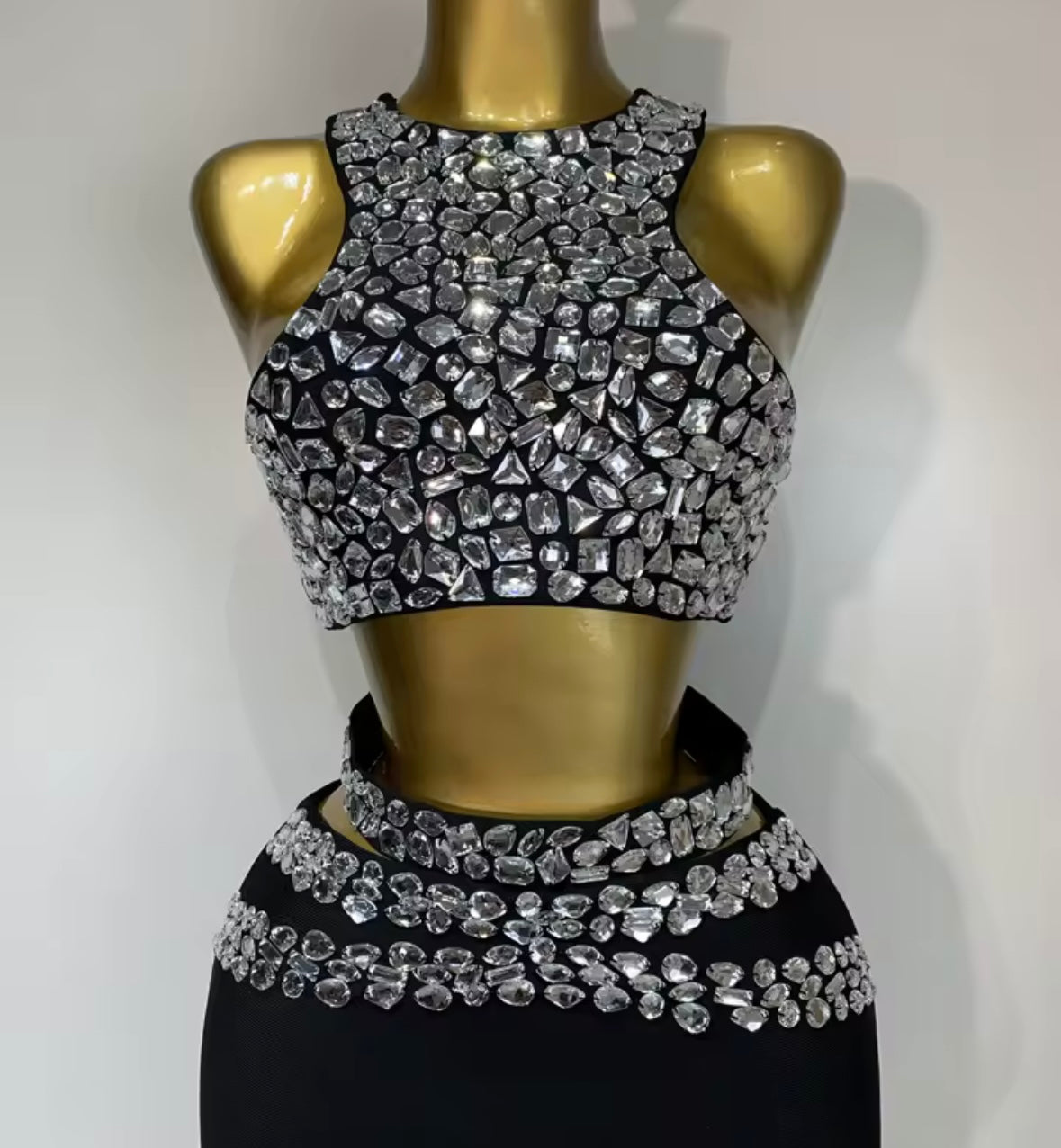 Sexy Black Sleeveless Rhinestone Floor-Length Skirt Set