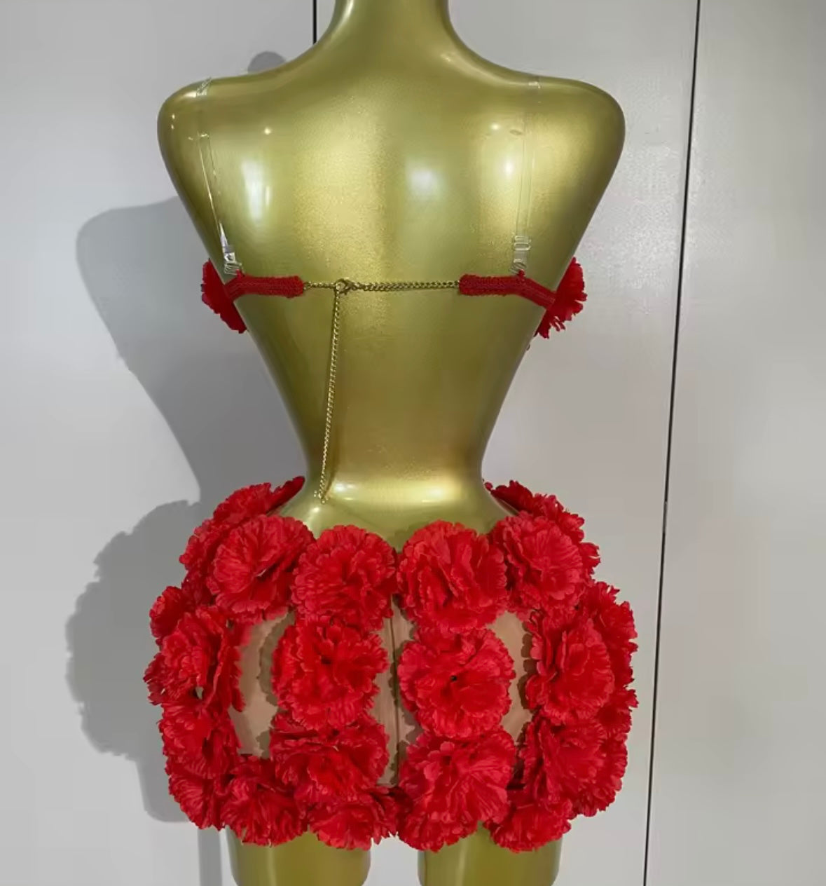 Red Sexy Sleeveless Floral Chain Open Back Skirt Set
