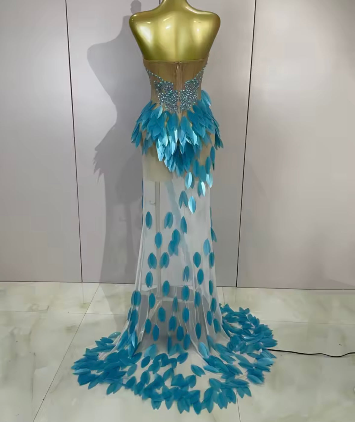 Sexy Sequins Pearl Rhinestone Strapless Side Split Maxi Dress