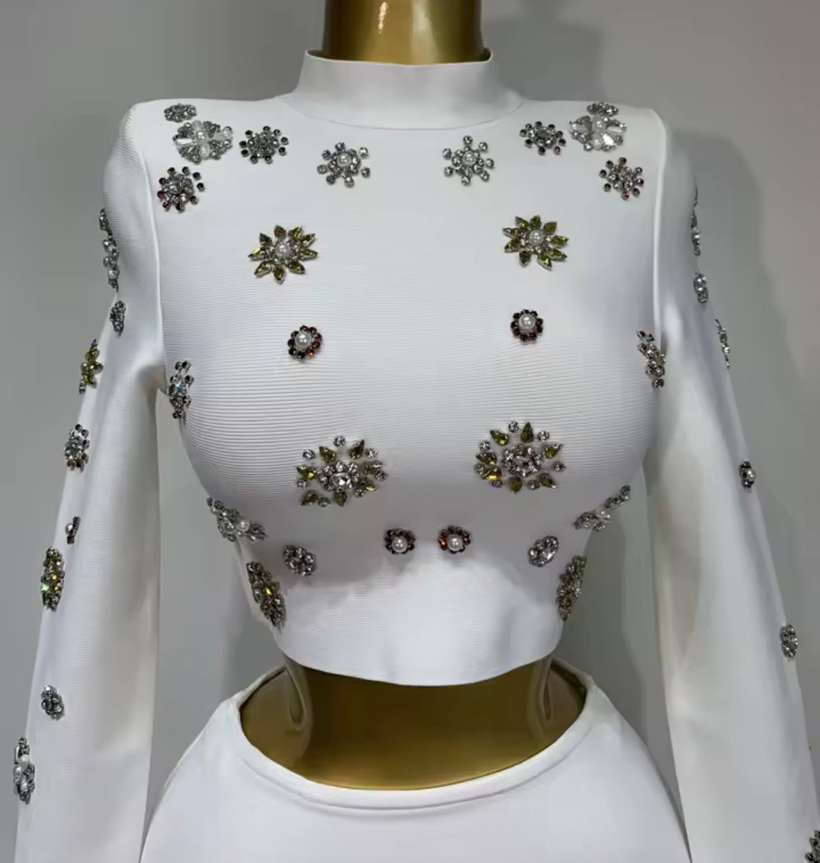 White Elegant Rhinestone Pearl Flower Two Piece Skirt Set