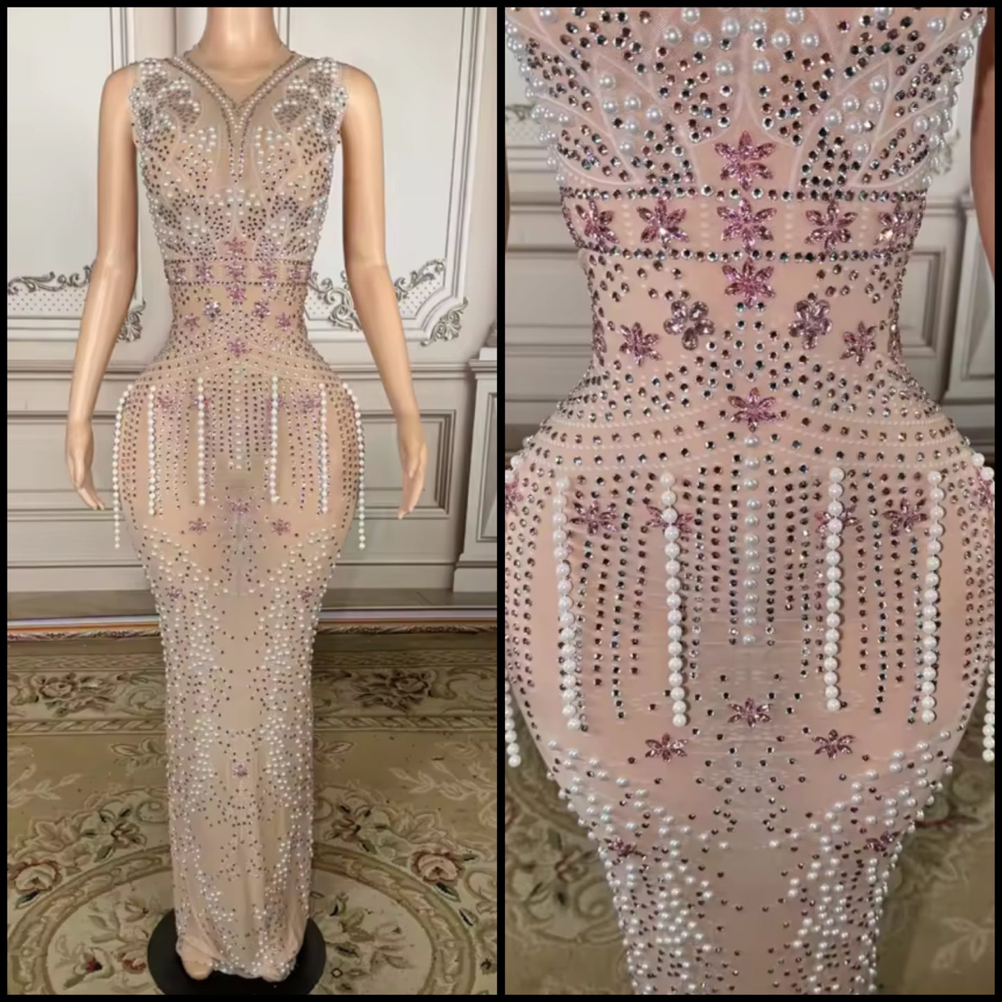 Elegant Sleeveless Rhinestone Pearl Tassel Floor-Length Dress