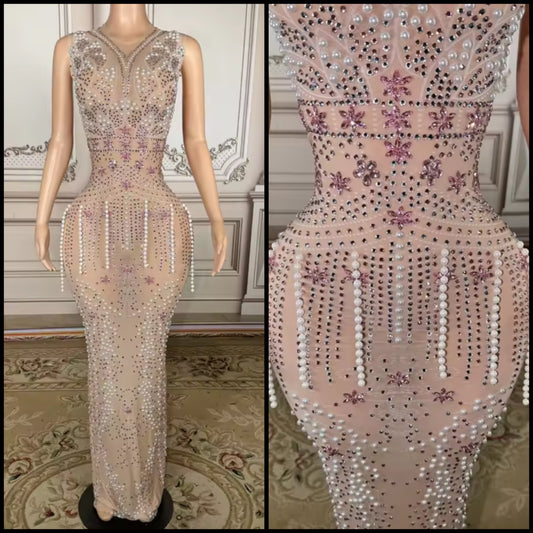 Elegant Sleeveless Rhinestone Pearl Tassel Floor-Length Dress