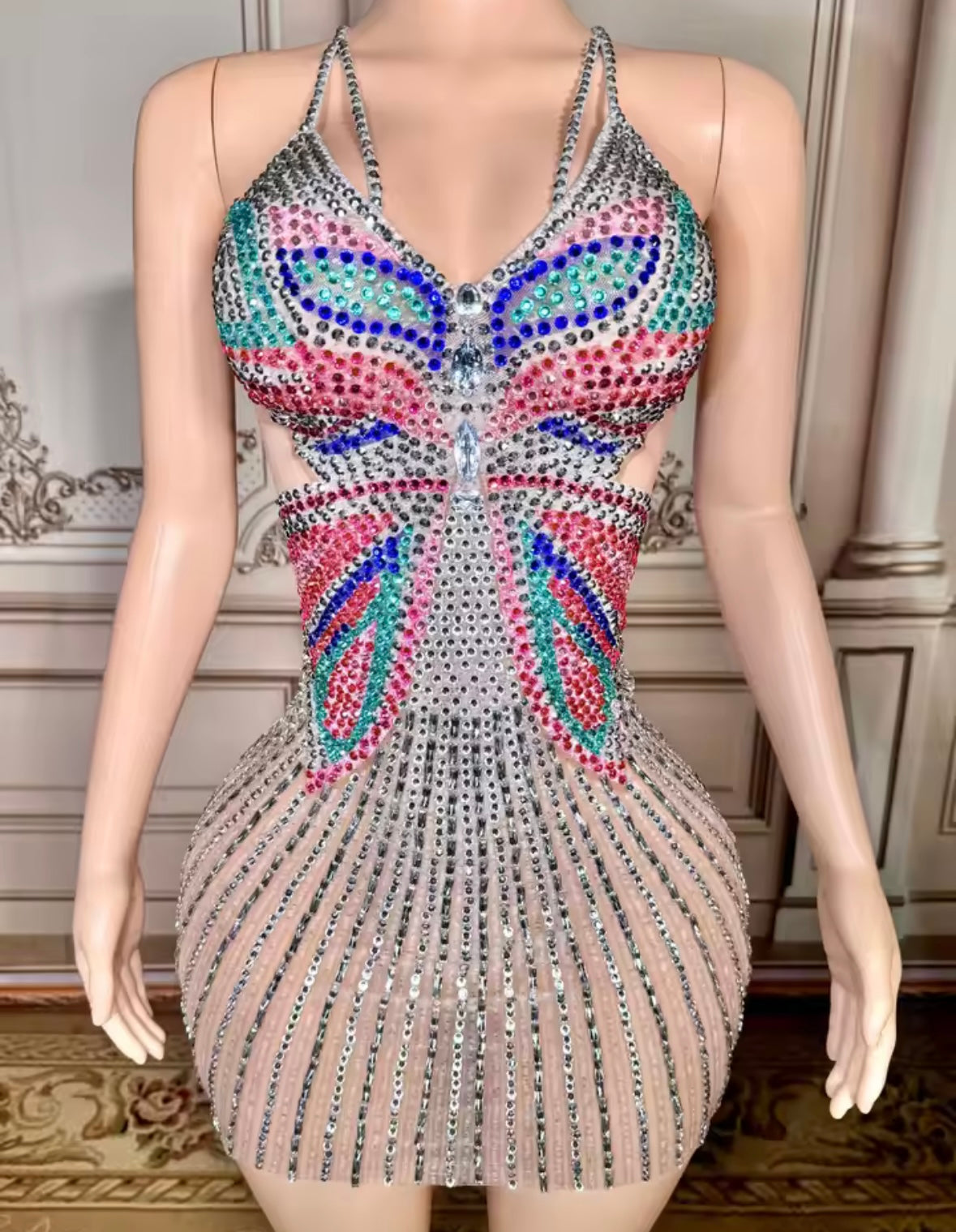 Sexy Multicolored Rhinestone Embellishment Halter Dress