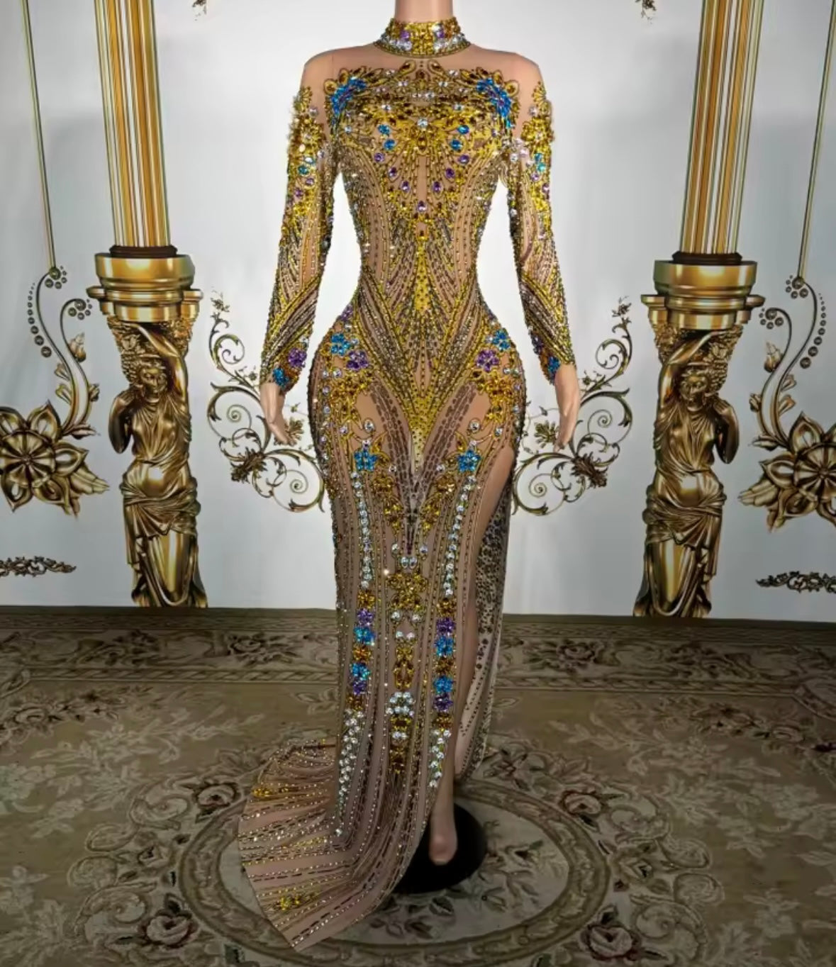 Elegant Multicolor Rhinestone Full Sleeve Floor-Length Dress