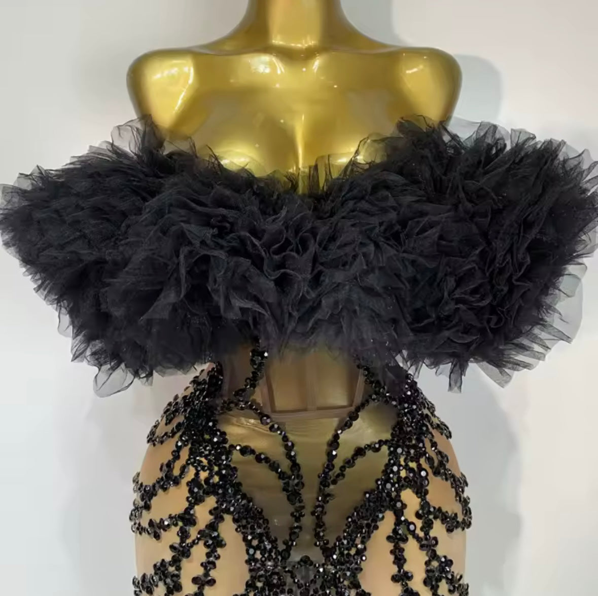 Black Ruffled Strapless Crystal Mesh Sexy Dress