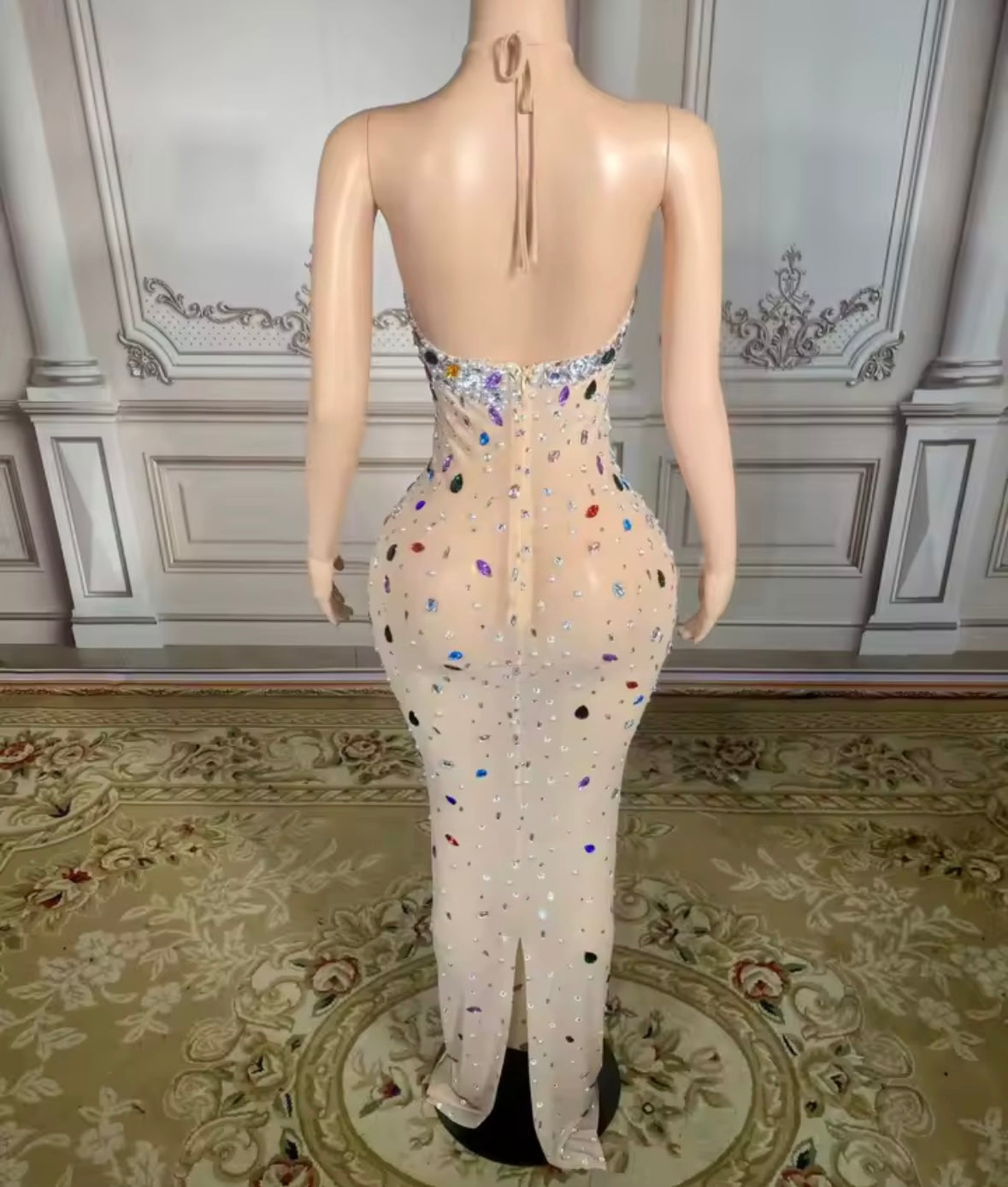 Sexy Halter Sleeveless Open Back Multicolored Rhinestone Dress