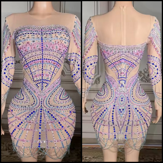 Sexy Color Rhinestone Full Sleeve See Through Dress