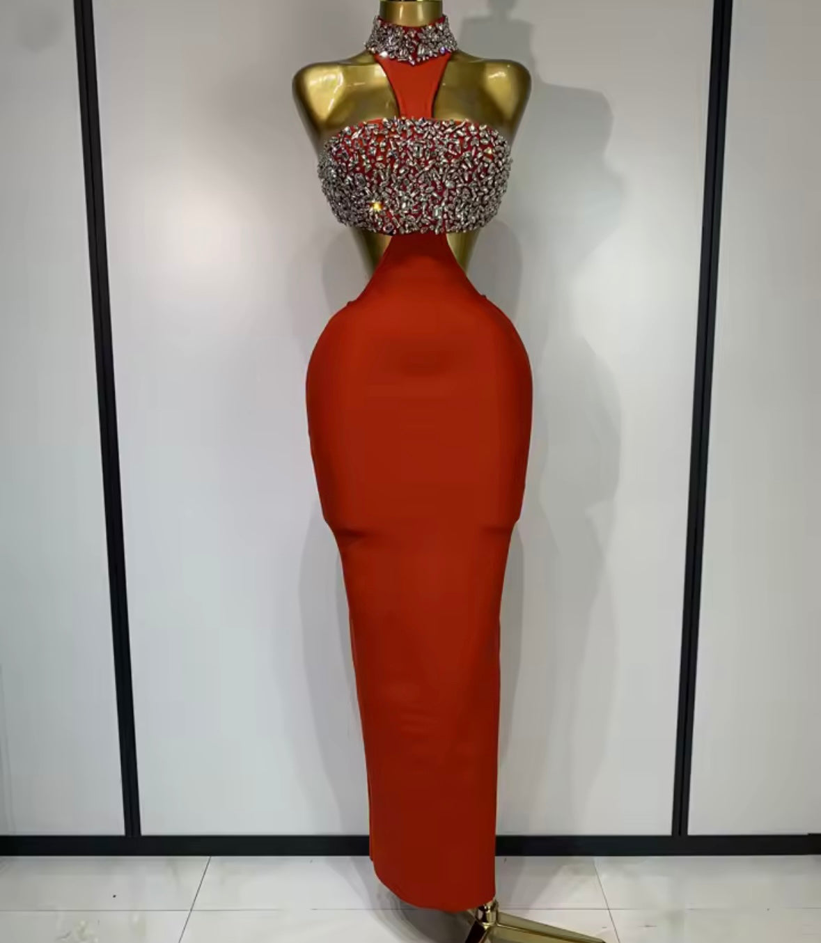 Elegant Halter Sleeveless Rhinestone Hollow Out Maxi Dress