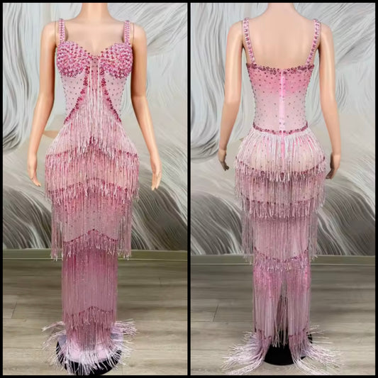 Sexy Sleeveless Pink Gradient Rhinestone Fringe Tassel Maxi Dress