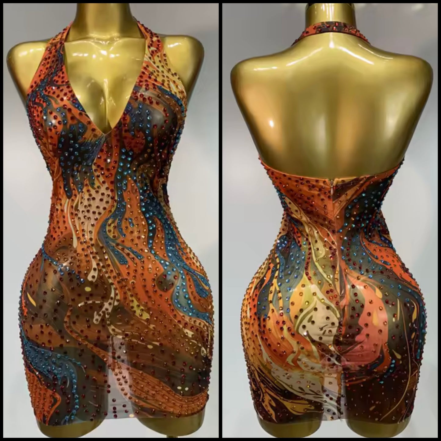 Sexy Halter Sleeveless Multicolored Rhinestone Dress