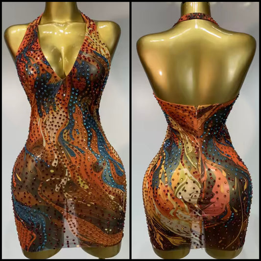 Sexy Halter Sleeveless Multicolored Rhinestone Dress