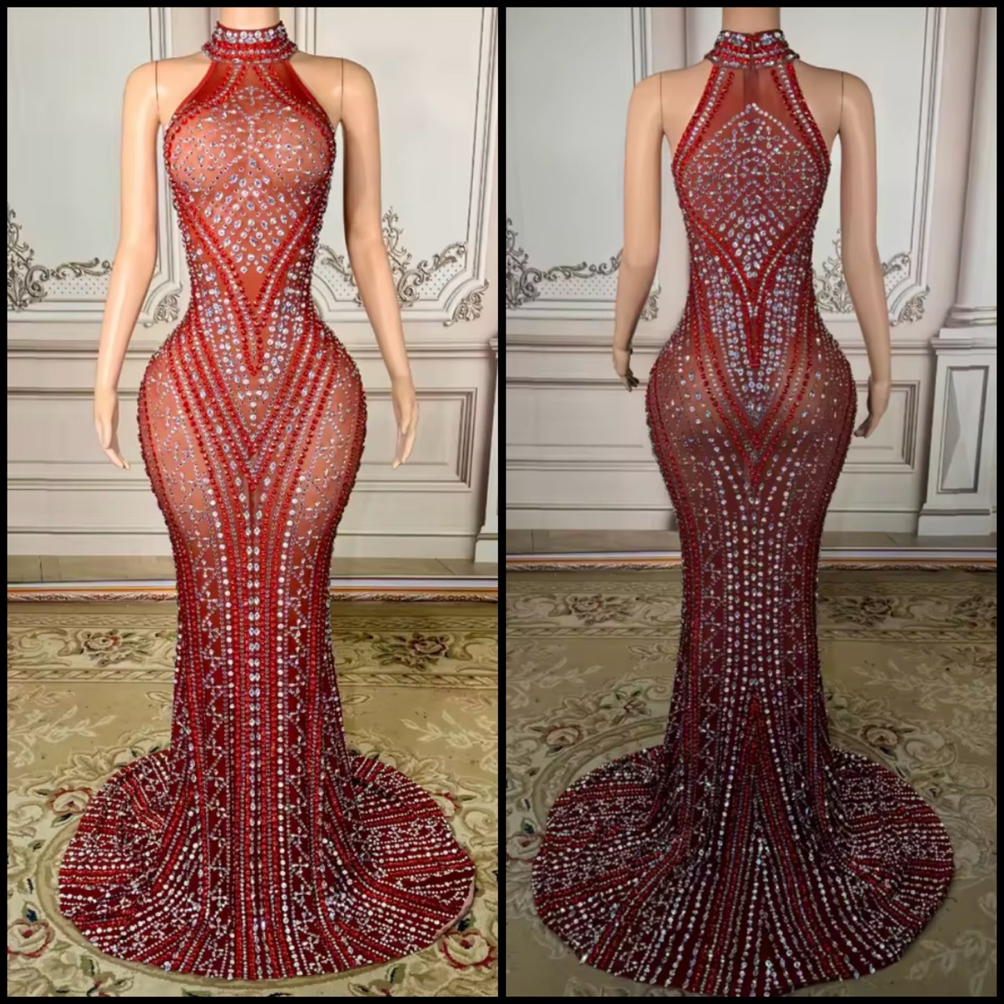 Sexy Sleeveless Red Rhinestone Embellishment Mermaid Dress
