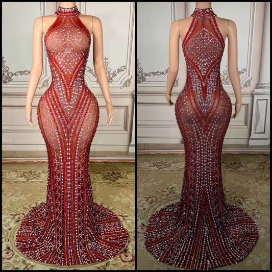 Sexy Sleeveless Red Rhinestone Embellishment Mermaid Dress