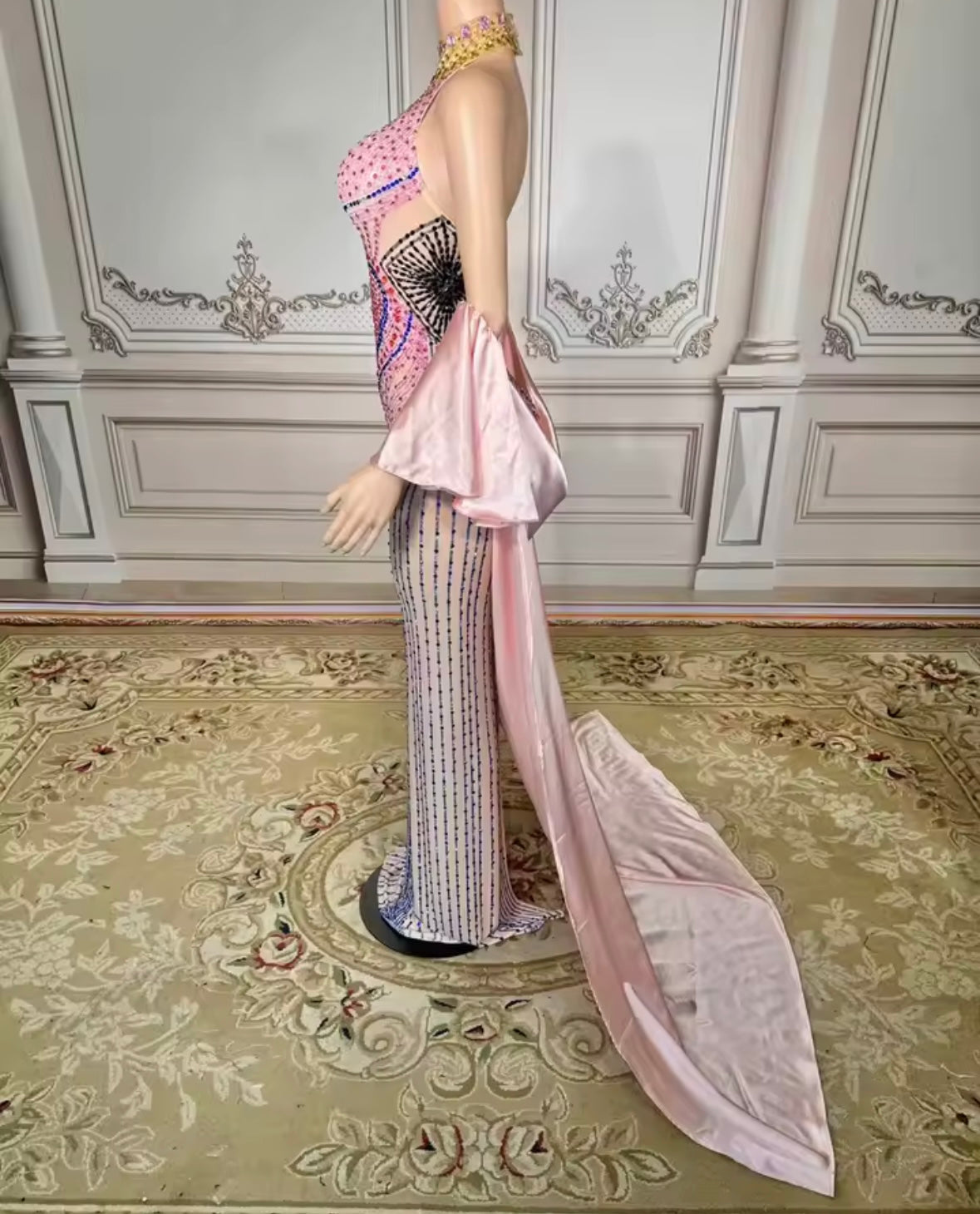 Sexy Halter Sleeveless Color Rhinestone Glove Mermaid Dress