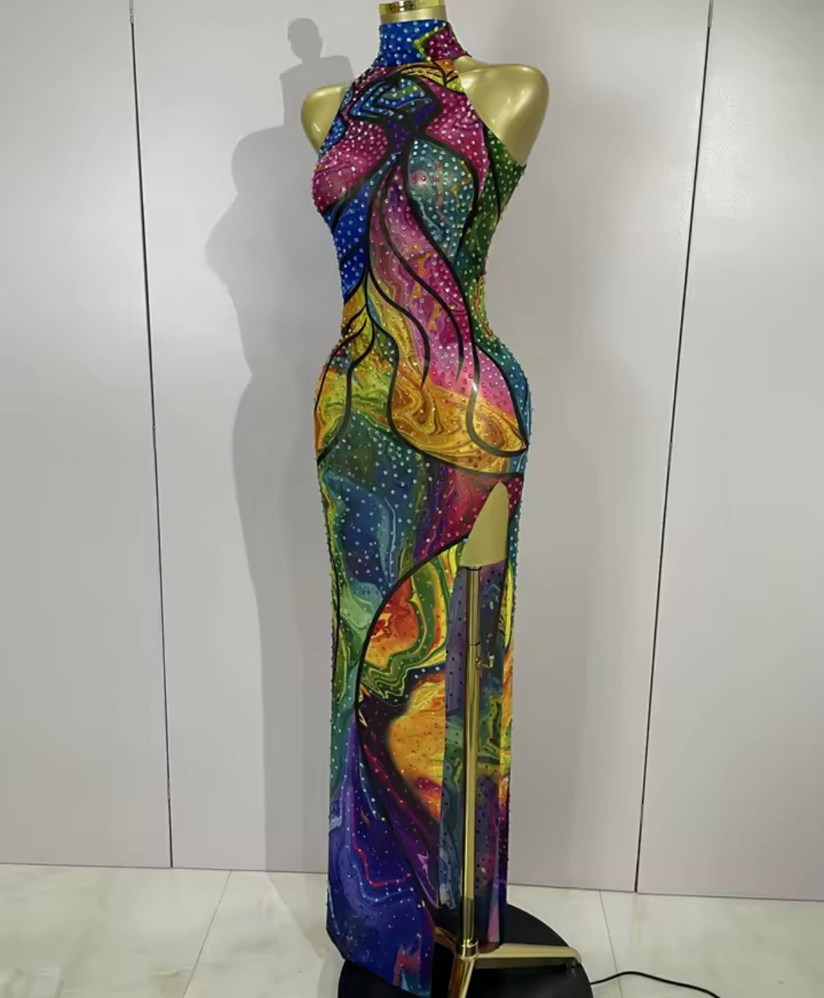 Sleeveless Multicolored Sexy Rhinestone Side Split Maxi Dress