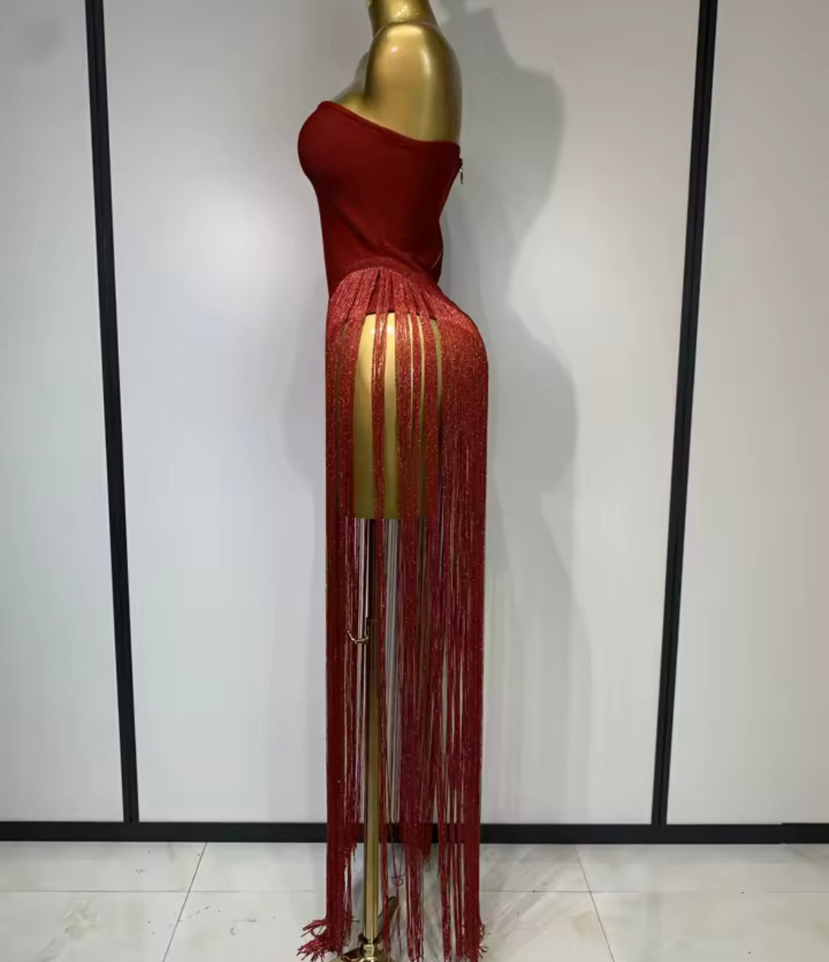 Sexy Strapless Fringe Tassel Maxi Dress