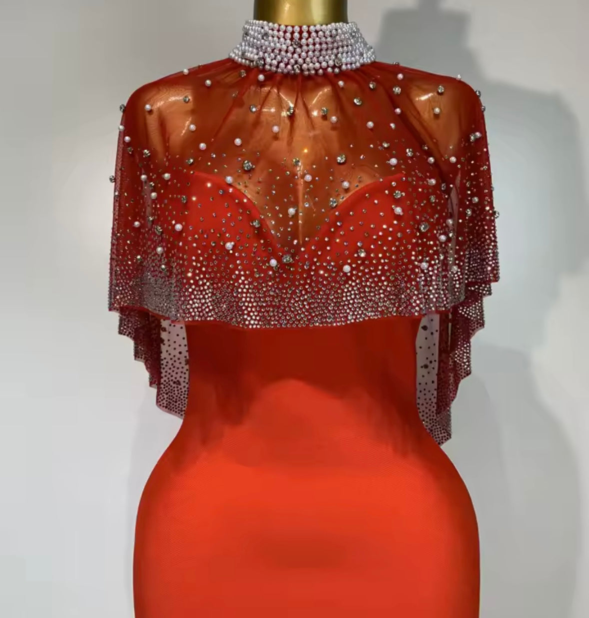Elegant Red Beaded Rhinestone Cloak Strapless Maxi Dress