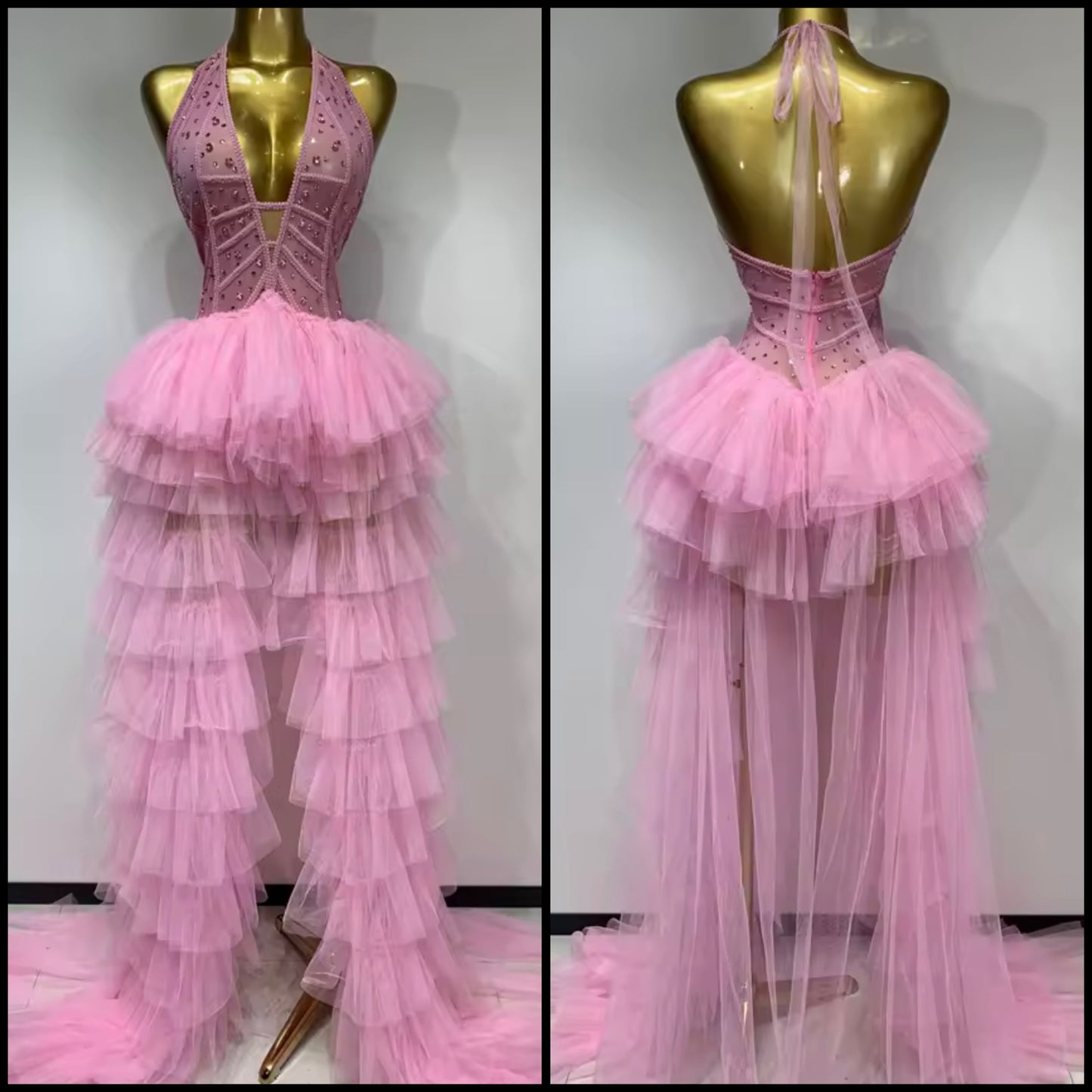 Pink Halter Sleeveless Crystal Ruffle Sexy Floor-Length Dress