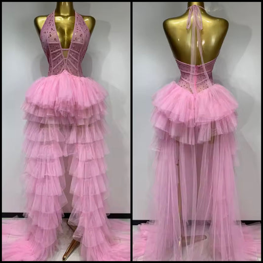 Pink Halter Sleeveless Crystal Ruffle Sexy Floor-Length Dress